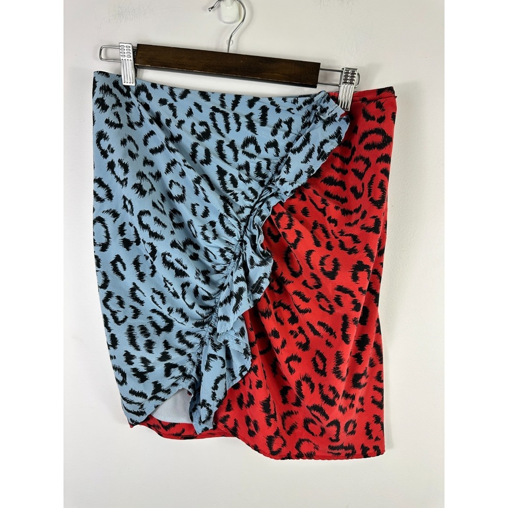 A.L.C. Geller Mini Skirt Leopard Animal SZ 8 Two Tone Ruffle Silk Red Blue Edgy